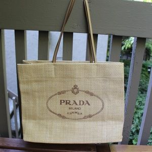 prada beige raffia beach tote bag